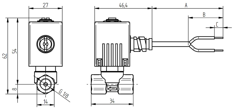 Abmessungen der Magnetventile Typ VBA mit Anschluss 1/8' F – 1/8' F und Gleichstromspule