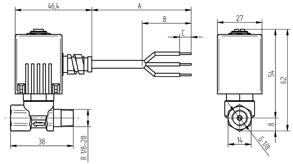 Abmessungen der Magnetventile Typ VBA mit 1/8' M Kegelanschluss – 1/8' F und Wechselstromspule
